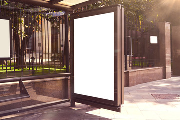 Empty billboard placeholder on the Moscow city bus stop, information banner template, space for mockup layout.
