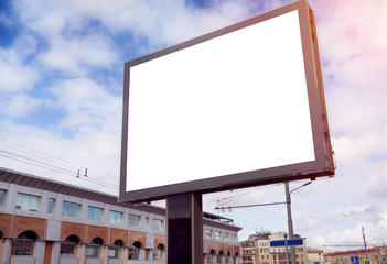 Empty city billboard, advertising placeholder, Moscow street view with sky, mockup of a blank white poster.