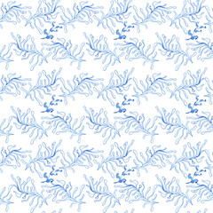 Hand drawn seamless pattern. Trendy pattern with corals and algae on a white background for printing, fabric, textile, manufacturing, wallpapers. Sea bottom.