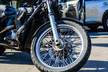 Closeup of the classical cruiser or chopper motorcycle