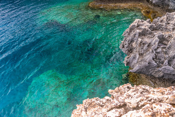 The rocky coast of the Mediterranean Sea on the island of Cyprus.