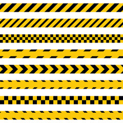 Vector warning tapes. Isolated police line on white background. Not cross security line. Black and yellow tapes.