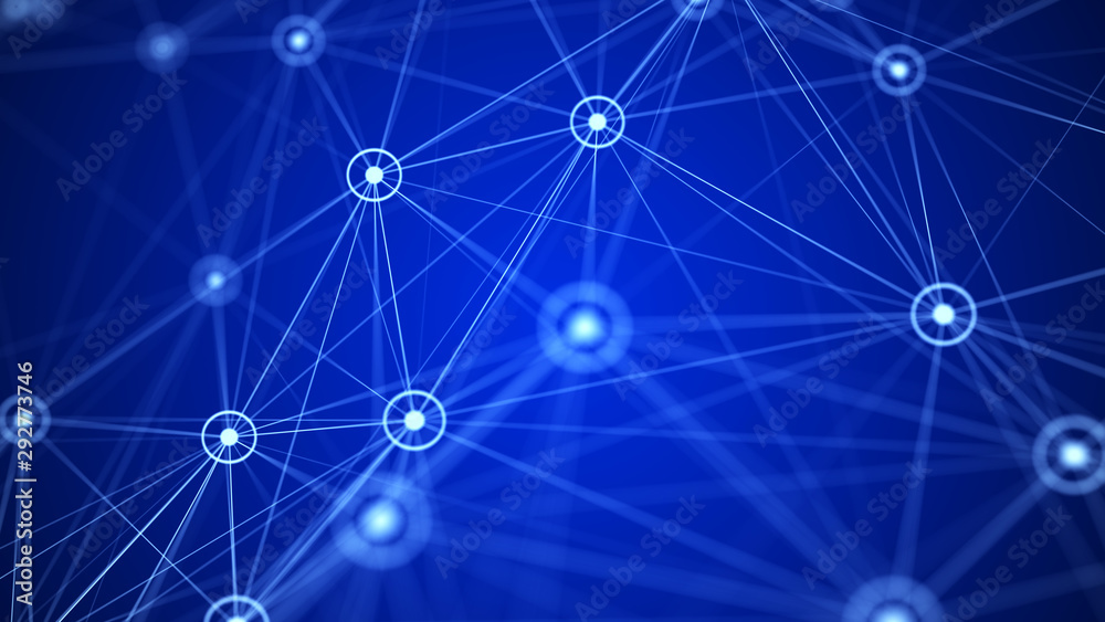 Poster Network connection structure. Big data digital blue background. Science background with connected dots, lines and triangles. 3d rendering.