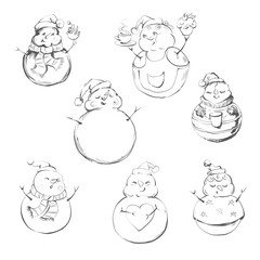 9 snowmen isolated on white background. Cute cartoon snowmen in vector for winter design.