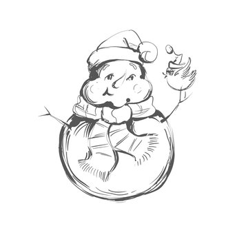 Black And White Coloring Page Outline Of A Snowman Holding little bird