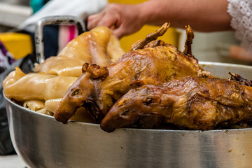 Roasted guinea pigs in a street restaurant in Cuenca Ecuador.