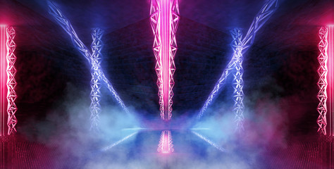 Dark scene, room with neon light beams. Futuristic neon background. Smoke, night view, wall lighting. Abstract light, light tunnel, backlit design on stage. Old brick walls with neon lights. 