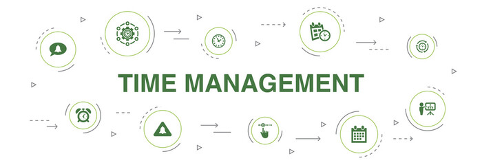 Time Management Infographic 10 steps circle design.efficiency, reminder, calendar, planning icons
