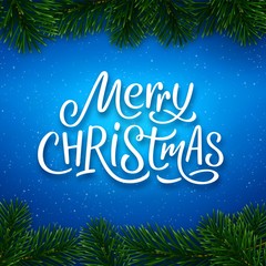Merry Christmas calligraphy text on blue background with border of fir tree branches. Vector greeting card design