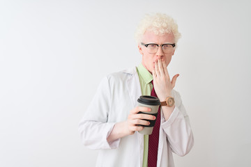 Albino scientist man wearing glasses drinking take away coffee over isolated white background cover mouth with hand shocked with shame for mistake, expression of fear, scared in silence - Powered by Adobe