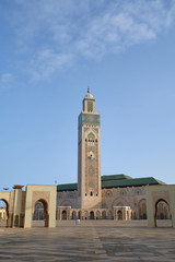 The Hassan II Mosque in Casablanca, Morocco. It is the largest mosque in Africa, and the 3rd largest in the world. Its minaret is the world's second tallest minaret at 210 metres.