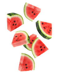 Falling watermelon isolated on white background, clipping path, full depth of field - obrazy, fototapety, plakaty