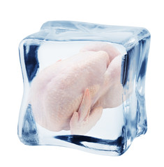 raw chicken in ice cube, isolated on white background, clipping path, full depth of field