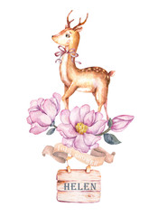 Cute deer in pink flowers, floral wreath, bouquet and ribbon. Baby shower card for greetin, invite or birthday postcard, poster. Watercolor boho cortoon animal colorful illustration for childs