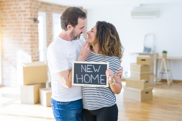 Middle age senior couple moving to a new house, smiling happy in love with apartmant holding a blackboard with new home text