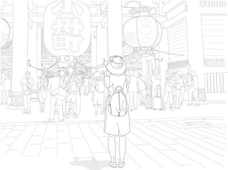 Hand drawn illustration. A stylish young woman takes a photo of the famous Senso Ji temple while traveling in Tokyo, Japan. Black and white.