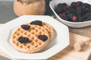 Healthy breakfast with waffle, blackberries, milk, honey and cereals. Morning concept..