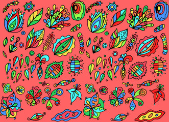 Colorful  backdrop. Naive art style. Abstract pattern with floral motifs. Bohemian and hippie style. Vector illustration