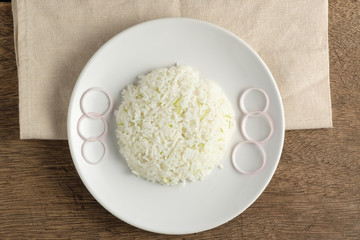 Cilantro lime in white dish,top view of rice