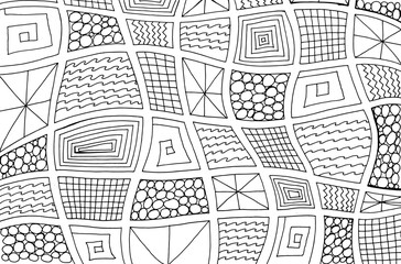 Square doodles. Abstract colorinf page for adults. Cartoon drawing. Line art. Ornamental backdrop. Vector illustration