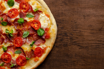 pizza with meat and bazil sprout. Italian food