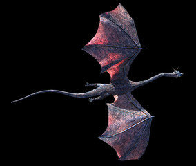 Naklejka premium dragon, winged creature flying, top view isolated on black background, top view