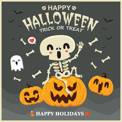 Vintage Halloween poster design with vector skeleton, ghost, pumpkin character. 