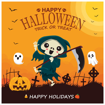 Vintage Halloween poster design with vector reaper, pumpkin, ghost character. 