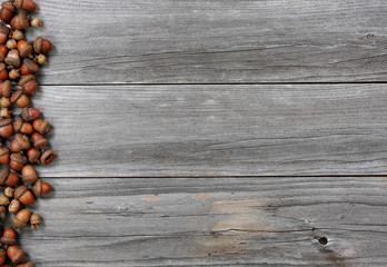 Acorns on left border of aged wood for the Thanksgiving Autumn holiday season © tab62