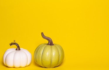 white and green decorative thanksgiving holiday theme front view on a yellow background with room for text