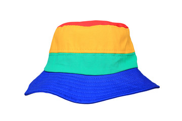 Colorful fabric bucket hat isolated on white background. Sun protection beach hat.