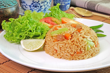 Vegetarian food : Cantonese Fried rice with tofu, carrot and green vegetables. Vegetarian festival....