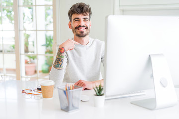 Young man working using computer with surprise face pointing finger to himself