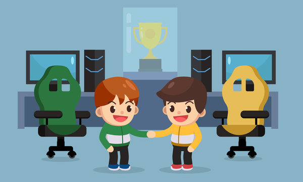 e-sport gamer shake hand before competition, e sport business concept. vector illustration character