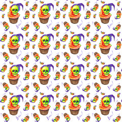 Watercolor illustration of a cake with a skull in a hat on Halloween.Isolated on white background.Seamless pattern