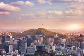Seoul South Korea City Skyline with seoul tower. - obrazy, fototapety, plakaty