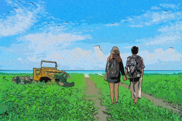 Obraz premium Young couple in love holding hand together walking, digital art style, illustration painting.