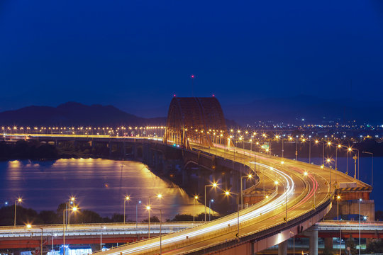 Banghwa Bridge  at night in Seoul South Korea.