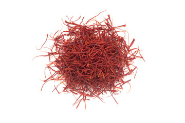 Pile of dried saffron isolated on white background. Top view.