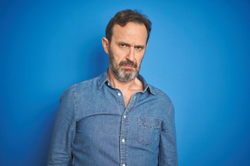 Handsome middle age senior man with grey hair over isolated blue background skeptic and nervous, frowning upset because of problem. Negative person.