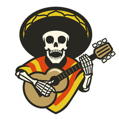 skull wearing sombrero playing guitar