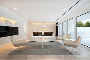 3d rendering white modern living room near kitchen and outdoor terrace