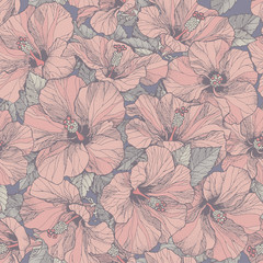 Seamless pink floral pattern with colorful hibiscus flowers