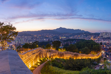 Seoul City Skyline Location at Naksan Park with Ancient Walls in Seoul South Korea