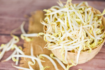 Close up Organic mung bean sprout for food - bean sprouts cup on wooden Background