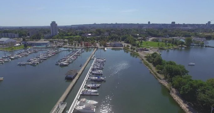 Drone Footage of Hamilton, Ontario, Canada. over top of the Hamilton Harbour