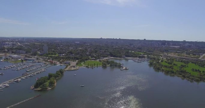 Drone Footage of Hamilton, Ontario, Canada. over top of the Hamilton Harbour