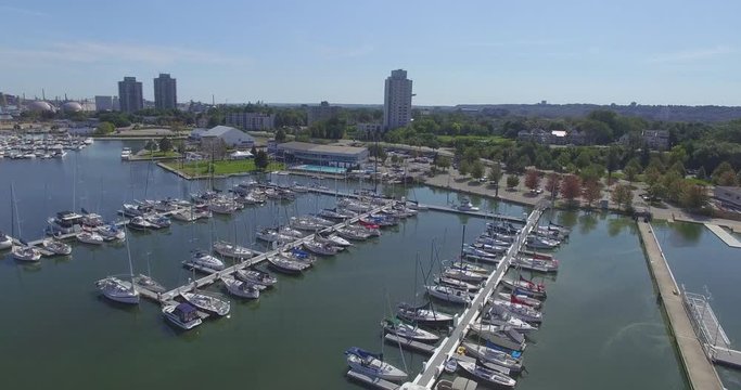 Drone Footage of Hamilton, Ontario, Canada. over top of the Hamilton Harbour