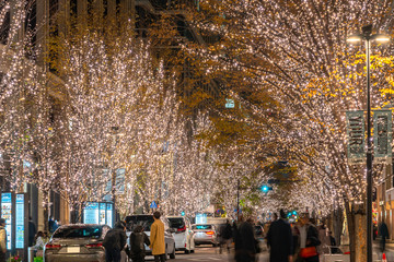 Fototapeta na wymiar Tokyo Marunouchi winter illumination festival, famous romantic light up events in the city, beautiful view, popular tourist attractions, travel destinations for holiday, Japan