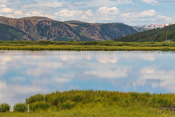 Landscape of alpine lake surrounded by grass and mountain tops in the background at Guanella Pass in Colorado